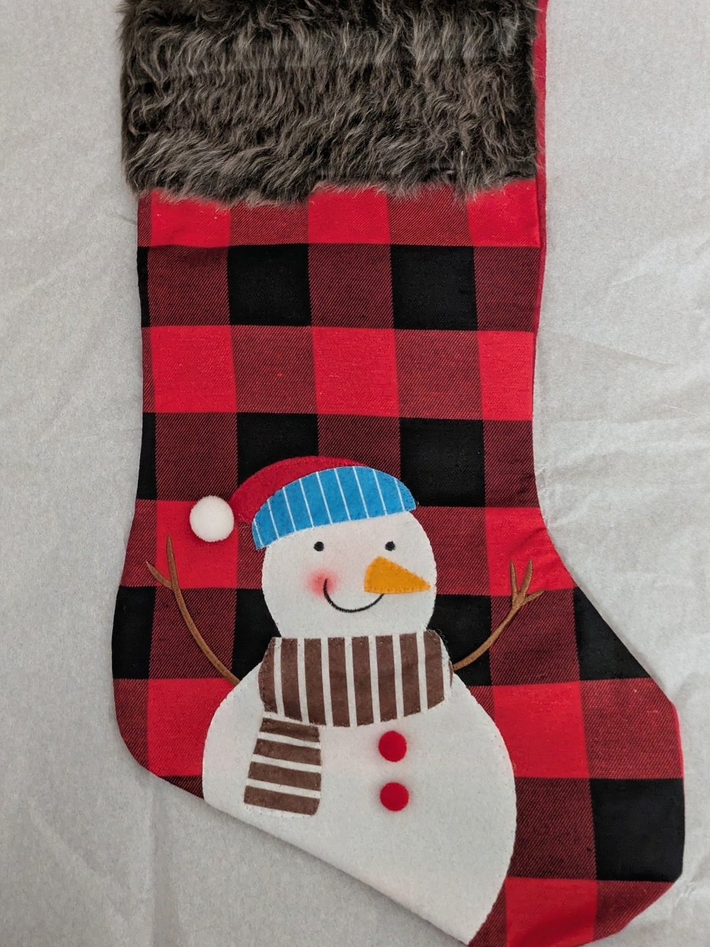 Red Buffalo Check Snowman Holiday Stocking with Faux Fur Cuff